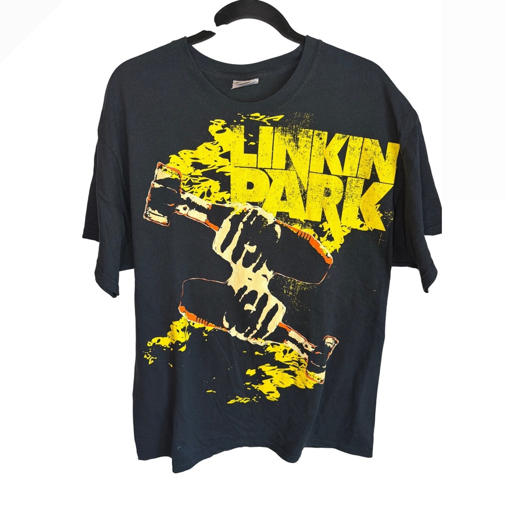 Vintage Linkin Park Graphic T-Shirt XL Black Yellow Hanes Heavyweight Band Tee